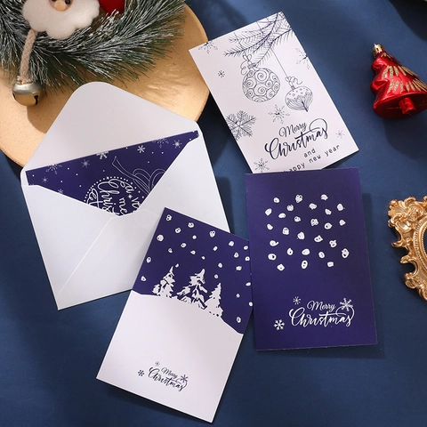 Juego de 6 Tarjetas de Felicitación de Navidad Vintage Creativas Azul Marino Blanco Ilustración Árbol de Navidad Copo de Nieve Con Sobres