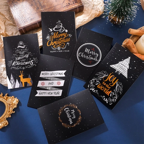 Christmas New Year Greeting Cards Black Cardboard Gold Foil Hand Drawn Reindeer Tree Patterns Holiday Blessing Message Cards