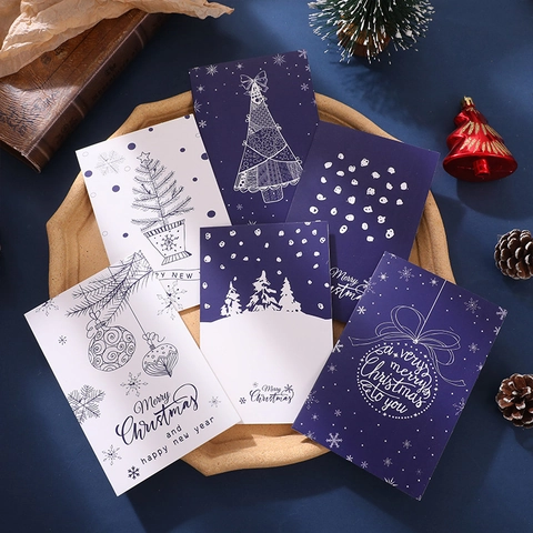 Juego de 6 Tarjetas de Felicitación de Navidad Vintage Creativas Azul Marino Blanco Ilustración Árbol de Navidad Copo de Nieve Con Sobres