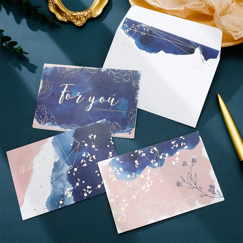 Bronzing Artistic Greeting Cards Watercolor Floral Geometric Gift Cards With Envelopes For Birthday Wedding Party Celebration