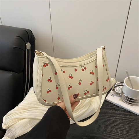 Cherry Print Underarm Shoulder Bag PU Leather Sweet Vintage Baguette Bag For Women Daily Match