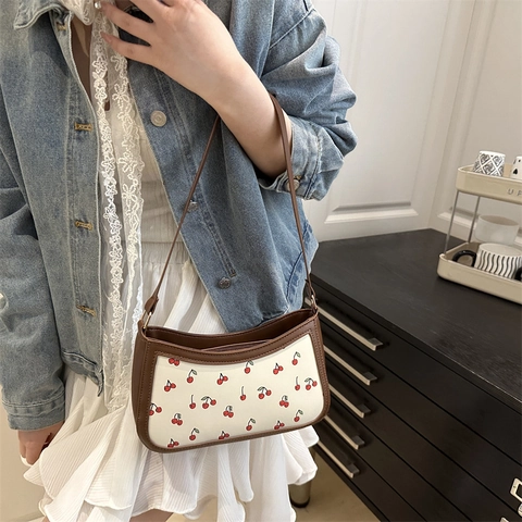 Cherry Print Underarm Shoulder Bag PU Leather Sweet Vintage Baguette Bag For Women Daily Match