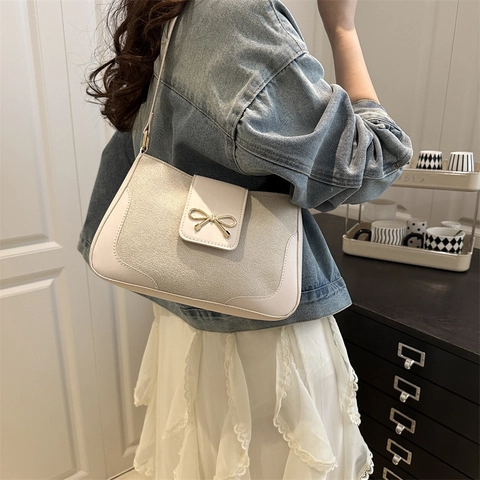 Damen Mode PU Leder Spleiß Schultertasche Große Kapazität Schleife Baguette Unterarm Umhängetasche Handtasche Tägliche Tasche