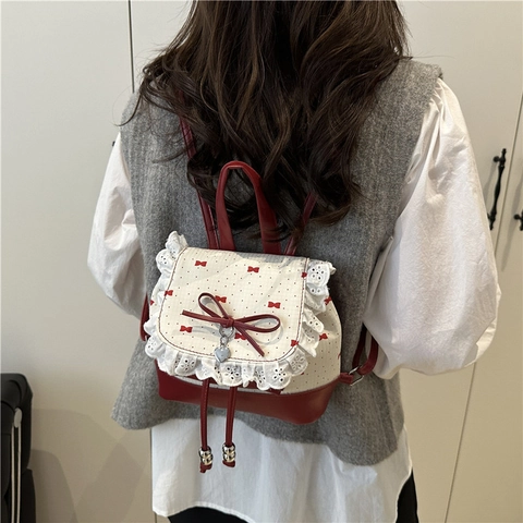 Damen Sweet Lolita Mini Rucksack Spitze Rüschen Schleife Nylon Kunstleder Kleine Umhängetasche Mit Herz Künstliche Perle Anhänger