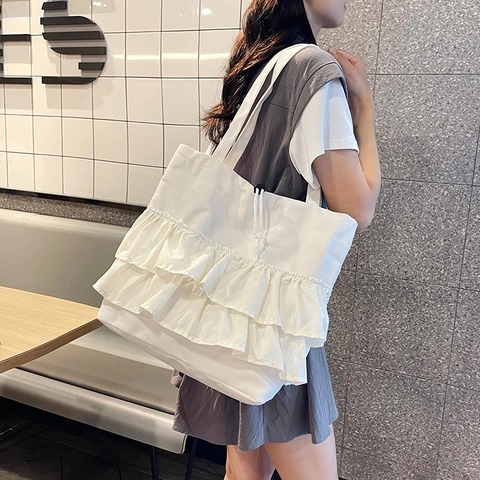 Rüschen Plissee Nylon Tote Tasche Große Kapazität Kordelzug Umhängetasche Leicht Lässig Streetwear Mode Damen