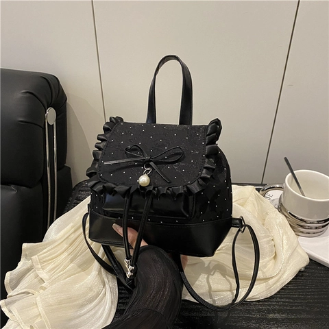 Damen Sweet Lolita Mini Rucksack Spitze Rüschen Schleife Nylon Kunstleder Kleine Umhängetasche Mit Herz Künstliche Perle Anhänger