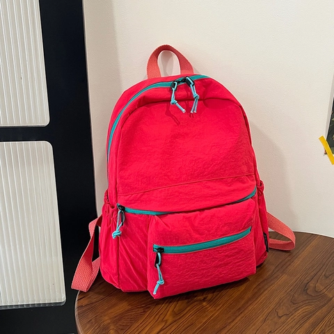 Sac à Dos Décontracté en Nylon Léger à la Mode pour Femmes Hommes Fermeture Éclair Contrastée Grande Capacité Sac d'École de Voyage Ordinateur 14 Pouces