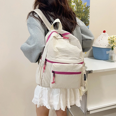 Sac à Dos Décontracté en Nylon Léger à la Mode pour Femmes Hommes Fermeture Éclair Contrastée Grande Capacité Sac d'École de Voyage Ordinateur 14 Pouces