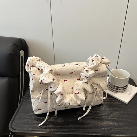 Women Underarm Bag Nylon Fabric Bowtie Print Ruched Handle Sweet Japanese Style Shoulder Handbag Summer Casual