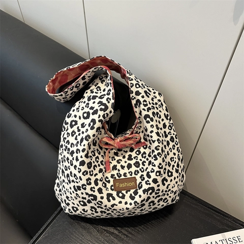 Borsa Tote da Donna in Tela con Stampa Leopardata Grande Capacità Stile Vintage Bohémien Borsa a Spalla Casual per lo Shopping