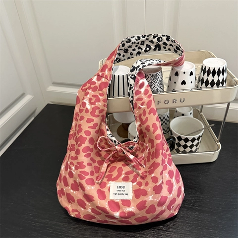 Borsa Tote Leopardata da Donna Grande Capacità in Tela Borsa a Tracolla Con Fiocco Moda Casual Borsa Sottobraccio