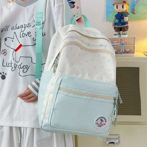 Sac à Dos Étudiant en Nylon Motif Étoiles École Décontracté Grande Capacité Sac Ordinateur Couleur Contrastée Style Preppy