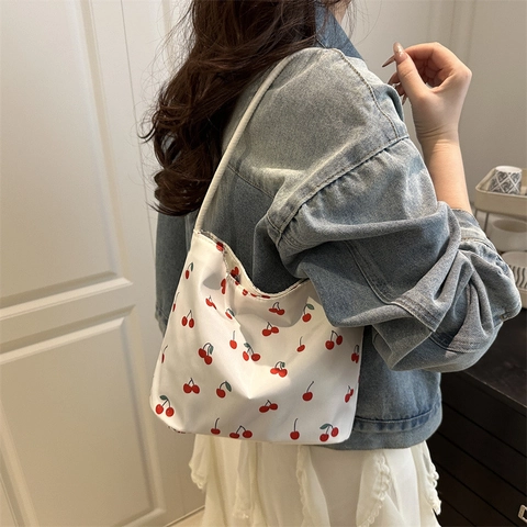 Women Nylon Cherry Print Shoulder Bag Fashion Sweet Large Capacity Tote Bag Underarm Hobo Bag For Daily Casual Street Style