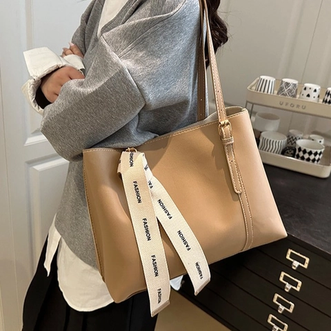 Bolso de Mano para Mujer de Gran Capacidad de Cuero PU Con Cinta de Letras de Moda Bolso de Hombro de Color Sólido para Oficina Diaria