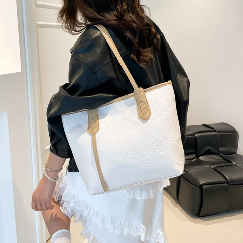 Damen Große Kapazität PU Leder Tote Bag Geprägtes Cartoon Muster Umhängetasche Lässiger Street Style Handtasche Für Den Alltag
