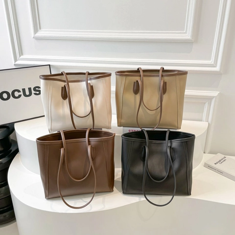 Damen Einfache PU Leder Tragetasche Große Kapazität Lässige Schultertasche Minimalistische Pendler Handtasche Kontrastnähte Street Fashion