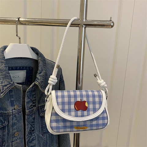 Borsa a Spalla Donna a Quadri Moda PU Tessuto Piccola Borsa Quadrata Con Patch a Mela Casual Borsa a Tracolla