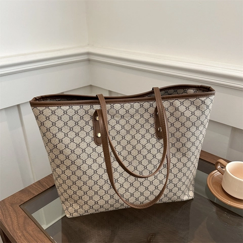 Borsa Tote da Donna di Grande Capacità Borsa a Tracolla in Pelle PU Tela Monogramma Vintage Borsa da Pendolare Retro per Viaggi Quotidiani