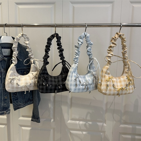 Women Gingham Checkered Shoulder Bag Ruched Cloud Handle Underarm Hobo Bag With Bow Bead Decoration Fashion Daily Trendy Tote