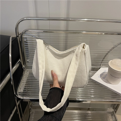 Japanese Style Corduroy Shoulder Bag For Women Vintage Hobo Bag Casual Solid Color Large Capacity Underarm Bag Zipper Closure