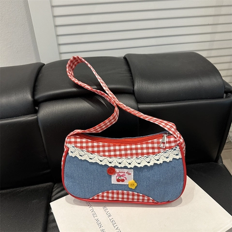 Bolso de Hombro de Mezclilla a Cuadros Dulce Para Mujer Con Parche de Cereza de Encaje Bolso de Axila de Retazos Vichy