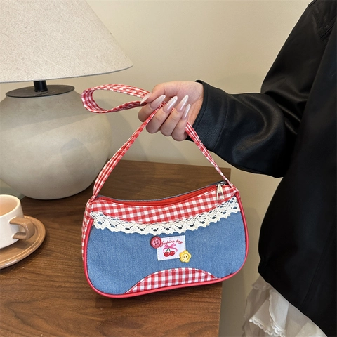 Bolso de Hombro de Mezclilla a Cuadros Dulce Para Mujer Con Parche de Cereza de Encaje Bolso de Axila de Retazos Vichy