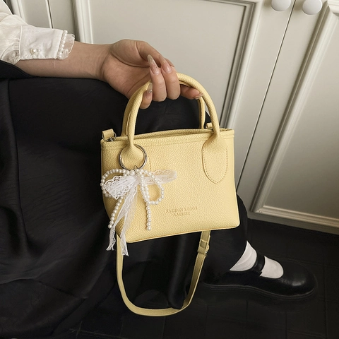 Pebbled PU Leather Handbag Women Elegant Shoulder Bag With Artificial Pearl Lace Bow Pendant Versatile Crossbody Bag