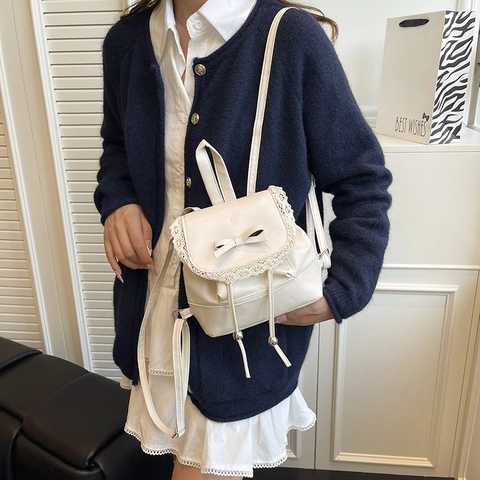 Women Mini Backpack PU Leather Lace Trim Bow Decor Sweet Ballet Style Aesthetic Drawstring Small Shoulder Bag