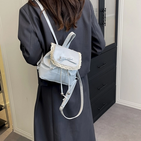 Women Mini Backpack PU Leather Lace Trim Bow Decor Sweet Ballet Style Aesthetic Drawstring Small Shoulder Bag