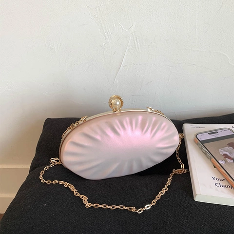 Women Fashion Shell Evening Clutch Bag PU Leather Pleated Artificial Pearl Rhinestone Lock Chain Shoulder Crossbody Bag
