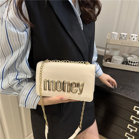 Women Fashion PU Leather Crossbody Bag Gold Metal Money Letter Decoration Chain Shoulder Square Bag For Daily Use