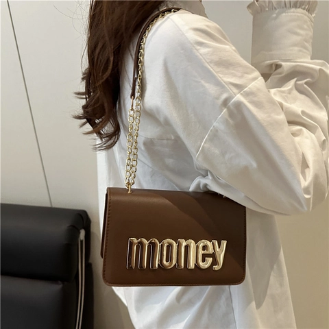 Women Fashion PU Leather Crossbody Bag Gold Metal Money Letter Decoration Chain Shoulder Square Bag For Daily Use