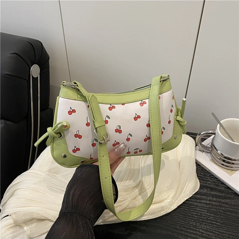 Women Cherry Print Baguette Bag PU Leather Bowknot Underarm Shoulder Bag For Daily Commute Y2K Style Small Cute Handbag