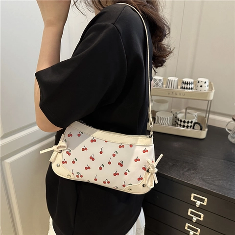 Women Cherry Print Baguette Bag PU Leather Bowknot Underarm Shoulder Bag For Daily Commute Y2K Style Small Cute Handbag