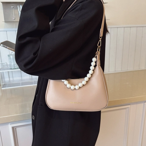 Sac à Main Hobo Femme avec Chaîne en Künstliche Perles Mode Cuir PU Demi-Lune Sac Sous le Bras Poignée Perlée Décorative Élégant