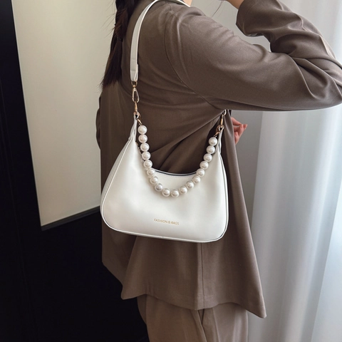 Sac à Main Hobo Femme avec Chaîne en Künstliche Perles Mode Cuir PU Demi-Lune Sac Sous le Bras Poignée Perlée Décorative Élégant