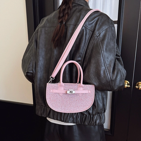 Bolso de Media Luna de Moda para Mujer con Lentejuelas Brillantes Bolso de Mano con Cierre de Metal Correa de Hombro Desmontable Bolso Bandolera
