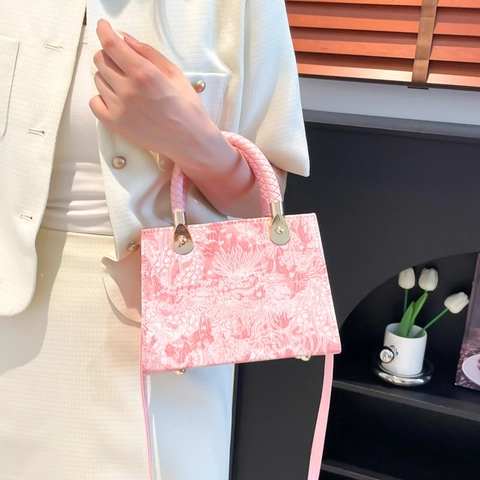 Nischendesign Jacquard Floral Damen Handtasche Mit Geflochtenem Griff Goldene Hardware Retro Schulter Umhängetasche