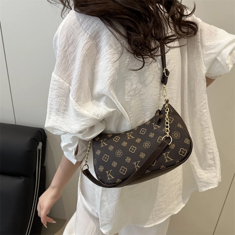 Borsa Hobo da Donna Moda in Pelle PU a Grana di Lychee Borsa Sottobraccio Con Catena Dorata Tracolla Regolabile Mezza Luna