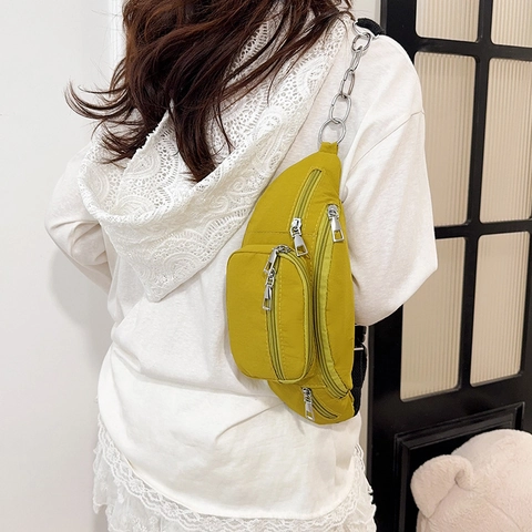 Damen Nylon Bauchtasche Große Kapazität Multi Tasche Brusttasche Mit Metallkette Verstellbarer Gurt Casual Crossbody Bag
