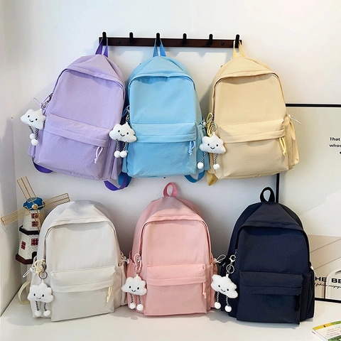Simple Canvas Plaid Backpack For Students Large Capacity School Bag With Cute Cloud Pendant Versatile Daily Travel Daypack