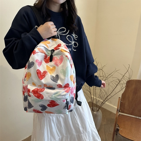 Zaino Leggero Casual da Donna Moda Graffiti Cuore Stampa Tropicale Borsa da Scuola per Studenti in Nylon Daypack