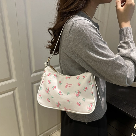 Women Floral Print Shoulder Bag PU Leather Hobo Underarm Bag Cherry Pattern Small Square Crossbody Bag Fresh Summer Style