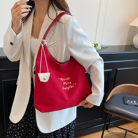 Large Capacity Canvas Tote Bag For Women Casual Commuting Shoulder Bag With Letter Embroidery And Mini Pouch Accessories