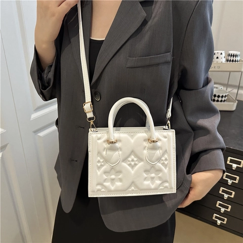 Embossed Floral PU Leather Handbag Fashion Square Crossbody Bag With Top Handle And Adjustable Strap For Women Elegant