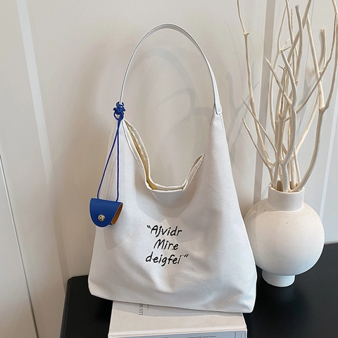 Women Large Capacity Canvas Tote Bag Casual Hobo Shoulder Bag With Letter Embroidery Minimalist Commuting Handbag