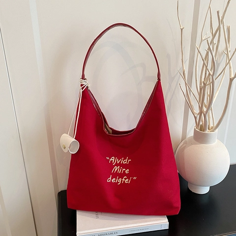 Women Large Capacity Canvas Shoulder Bag Urban Simple Tote Bag With Letter Embroidery Casual Hobo Bag For College School Office Daily Commute