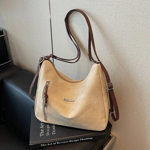 Vintage Women Hobo Shoulder Bag PU Leather Suede Denim Texture Large Capacity Tote Bag Retro Casual Commuter Handbag