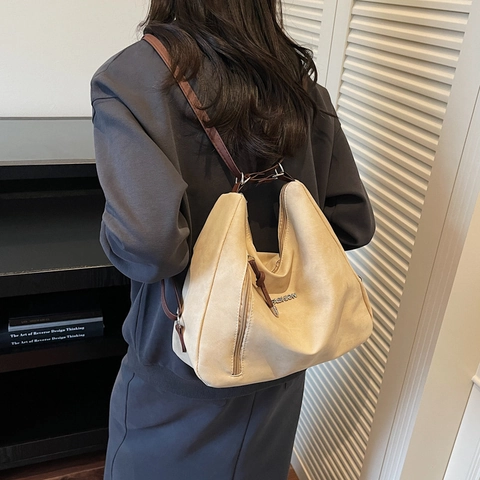 Vintage Women Hobo Shoulder Bag PU Leather Suede Denim Texture Large Capacity Tote Bag Retro Casual Commuter Handbag