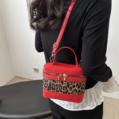 Damen Mode Leopardenmuster PU Leder Spleißen Zylindertasche Urban Chic Farbblock Schulter Umhängetasche Handtasche Mit Reißverschluss